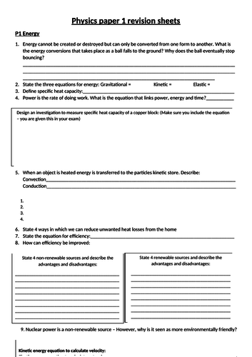 AQA Physics paper 1 revision sheets