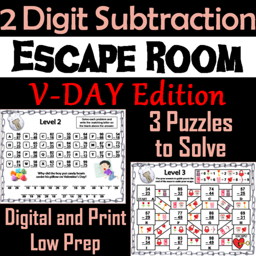 Double Digit Subtraction With and Without Regrouping Valentine's Day Escape Room