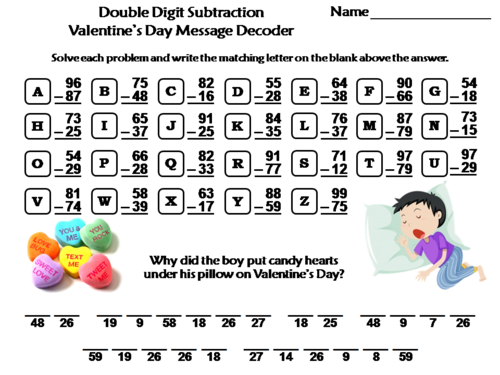 Double Digit Subtraction Valentine's Day Math Activity: Message Decoder