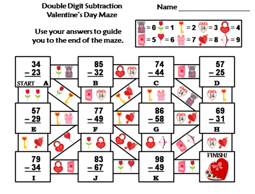 Double Digit Subtraction Valentine's Day Math Maze