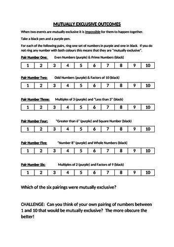 Maths Probability Mutually Exclusive Events Worksheet YR10 | Teaching