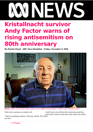 Ezine article - Kristallnacht survivor Andy Factor warns of rising antisemitism on 80th anniversary