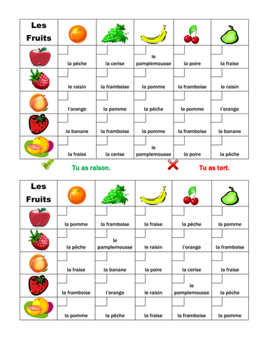 Fruits et Légumes (Fruits and Vegetables in French) Grid Vocabulary Activity