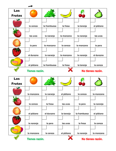 Frutas y Verduras (Fruits and Vegetables in Spanish) Grid Vocabulary Activity