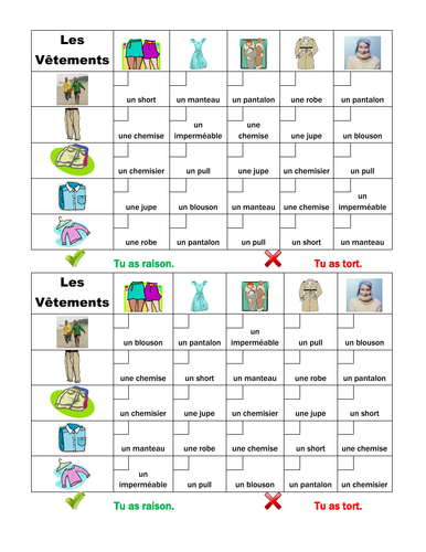 Vêtements (Clothing in French) Grid Vocabulary Activity