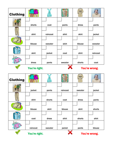 Clothing in English Grid Vocabulary Activity