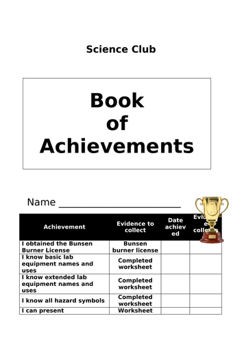 KS3 Science Club Book of Achievements