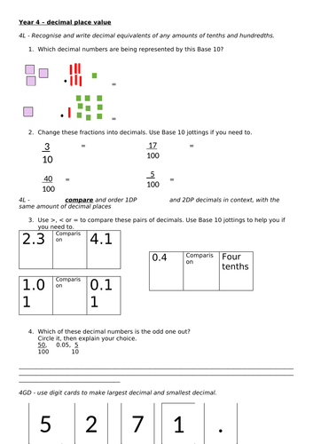 Maths Assessment - Year 4 - Decimal Place Value and Equivalence