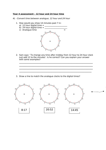 Maths Assessment - Year 4 - Convert time between analogue, 12 hour and 24 hour