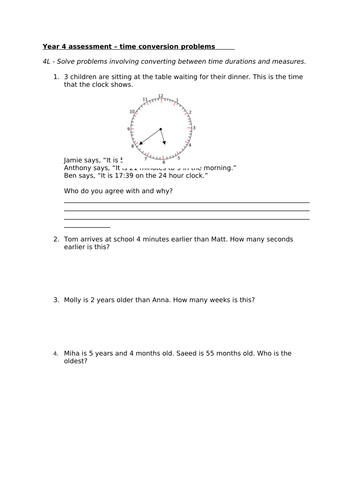 Maths Assessment - Year 4 - Time duration problem solving