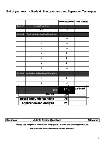 Grade 6 end of year exam with memo.  Photosynthesis and separation techniques