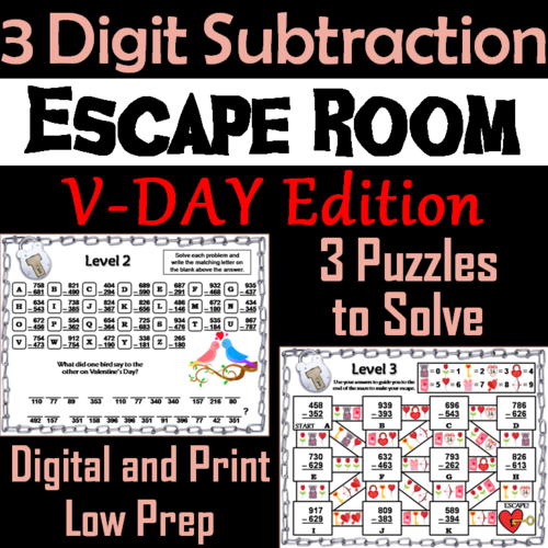 Triple Digit Subtraction With and Without Regrouping Valentine's Day Escape Room