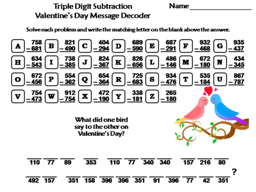 Triple Digit Subtraction Valentine's Day Math Activity: Message Decoder