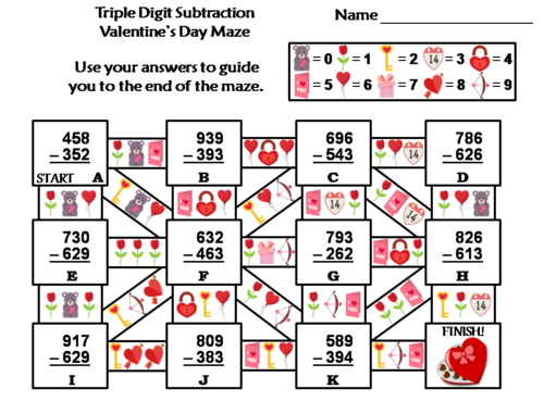 Triple Digit Subtraction Valentine's Day Math Maze