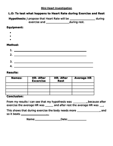 SEN Quick and easy heart investigation worksheet