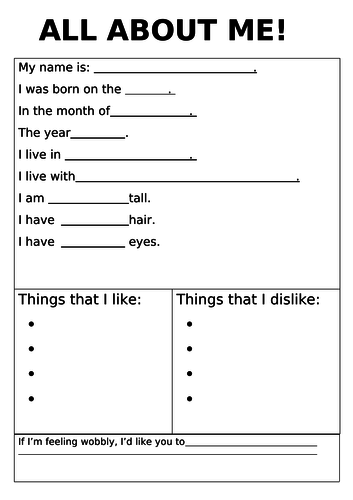 SEN- ALL ABOUT ME- class cohesion activity and sharing of their personal likes/dislikes