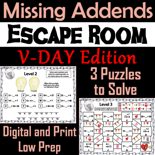 Missing Addends Addition and Subtraction: Valentine's Day Escape Room Math