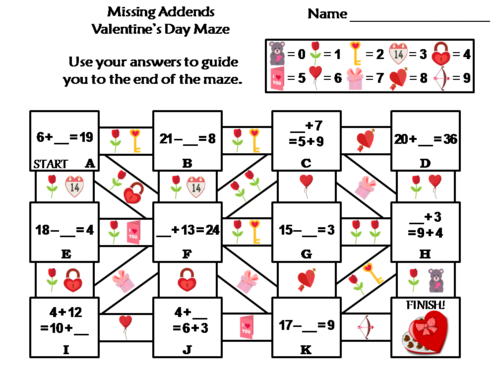 Missing Addends Valentine's Day Math Maze