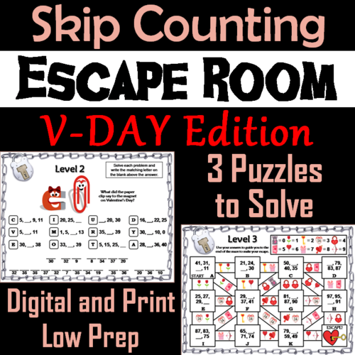 Skip Counting by 2, 3, 4, 5, 10 Game: Valentine's Day Escape Room Math Activity
