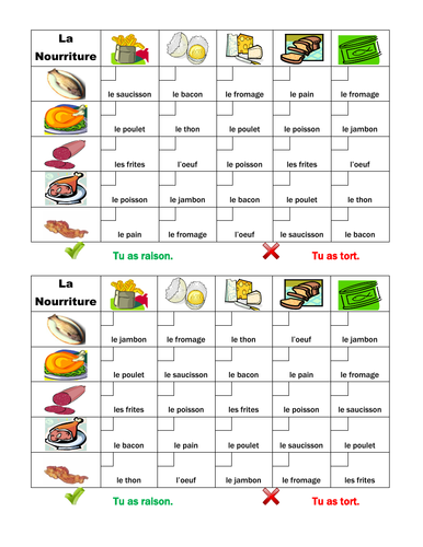 Nourriture (Food in French) Grid Vocabulary activity | Teaching Resources