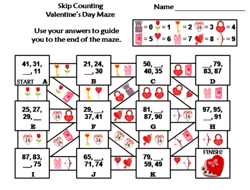 Skip Counting by 2, 3, 4, 5, 10 Valentine's Day Math Maze