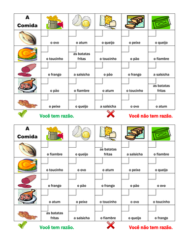 Comida (Food in Portuguese) Grid Vocabulary Activity | Teaching Resources