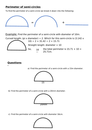 Perimeter of Semi-circles - Scaffolded Worksheet (w. Answers)
