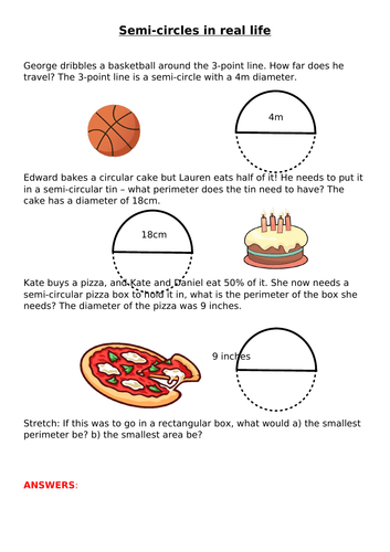 Perimeter of Semi-circles : applied questions - Scaffolded Worksheet (w. Answers)