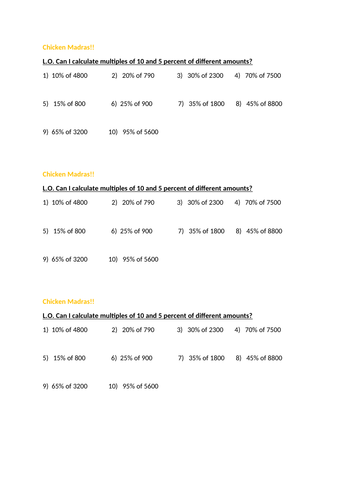Percentages for Year 6s - calculations and application in word problems.