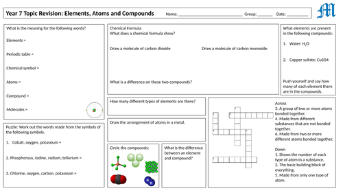 Year 7 Activate C2 Topic Revision Grid: Elements Atoms and Compounds
