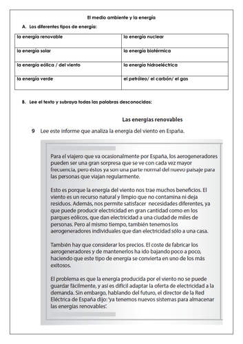 Spanish GCSE el medio ambiente: longer reading, vocabulary & translation la energía eólica