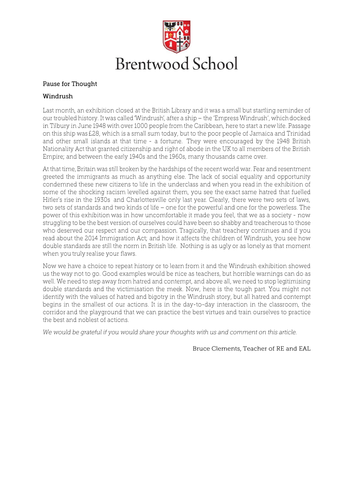 Assembly reading on justice - Windrush