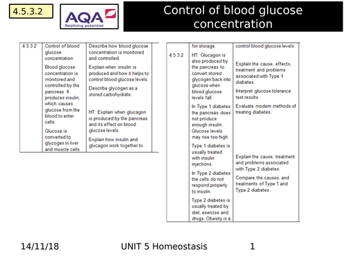 Regulation of glucose and diabetes type 1 + 2 AQA 9-1 GCSE