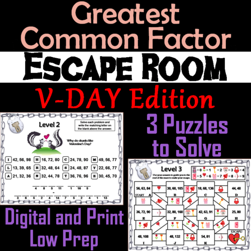 Valentine's Day Escape Room Math: Greatest Common Factor 4th 5th 6th 7th Grade