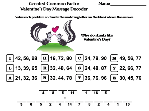 Greatest Common Factor Valentine's Day Math Activity: Message Decoder