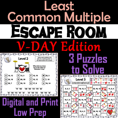 Valentine's Day Escape Room Math: Least Common Multiple 4th 5th 6th 7th Grade