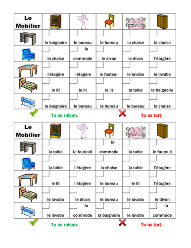 Meubles (Furniture in French) Grid Vocabulary Activity