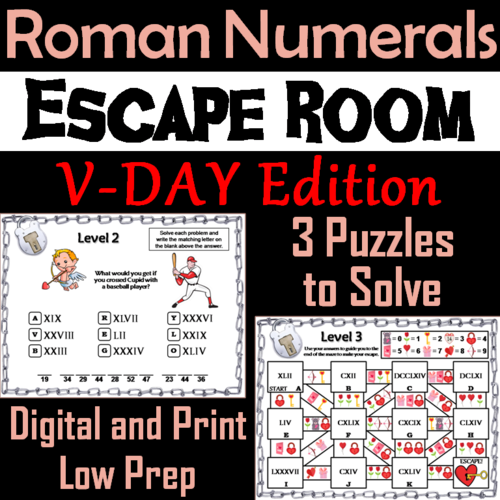 Valentine's Day Escape Room Math: Roman Numerals Game (4th 5th 6th 7th Grade)