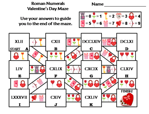 Roman Numerals Activity: Valentine's Day Math Maze