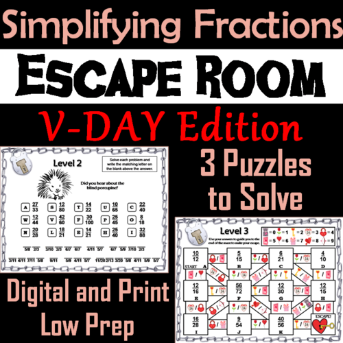 Valentine's Day Escape Room Math: Simplifying Fractions 4th 5th 6th 7th Grade