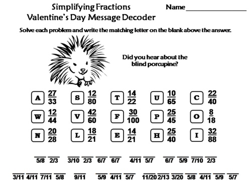 Simplifying Fractions Valentine's Day Math Activity: Message Decoder