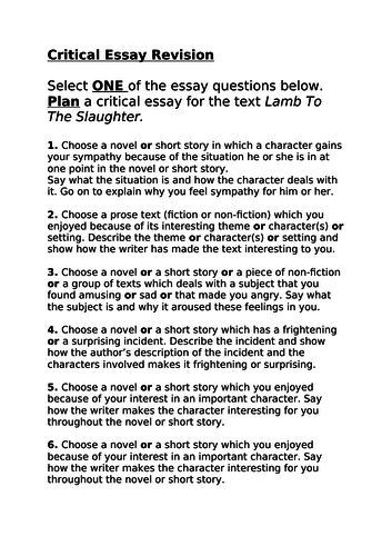 'Lamb To The Slaughter' Roald Dahl (Critical Essay plan, example, notes) National 5, KS3