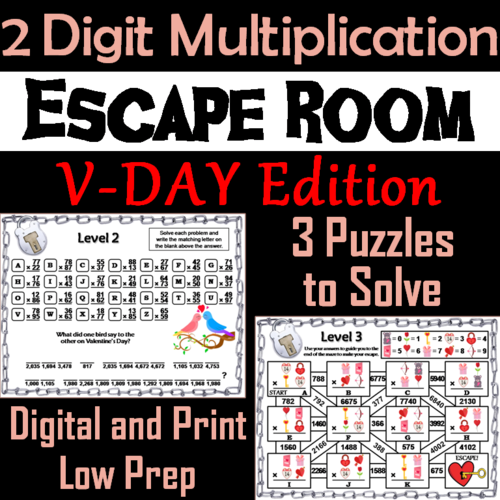 Valentine's Day Escape Room Math: Two Digit Multiplication (3rd 4th 5th Grade)