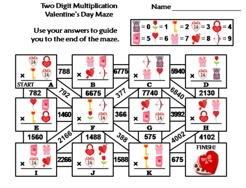 Two Digit Multiplication Activity: Valentine's Day Math Maze