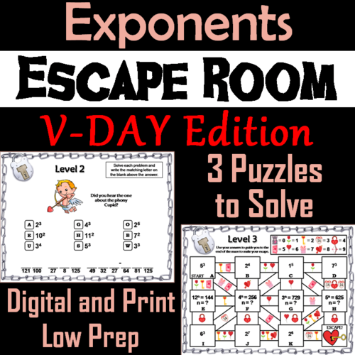 Exponents Game: Escape Room Valentine's Day Math Activity 5th 6th 7th 8th Grade