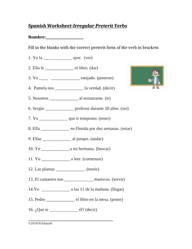 Spanish Irregular Preterite Verbs Worksheet Verbos Irregulares Del Preterito Teaching Resources