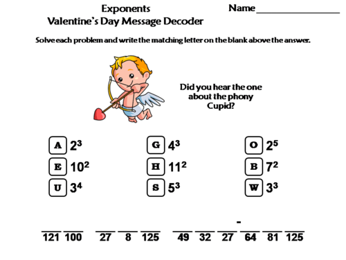 Exponents Valentine's Day Math Activity: Message Decoder