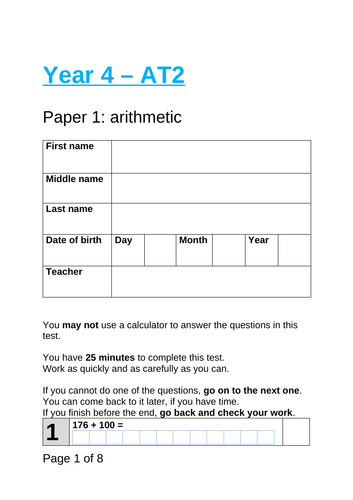 Year 4 - Autumn Term 2 Arithmetic and Reasoning & Problem Solving Assessment (WRMH)