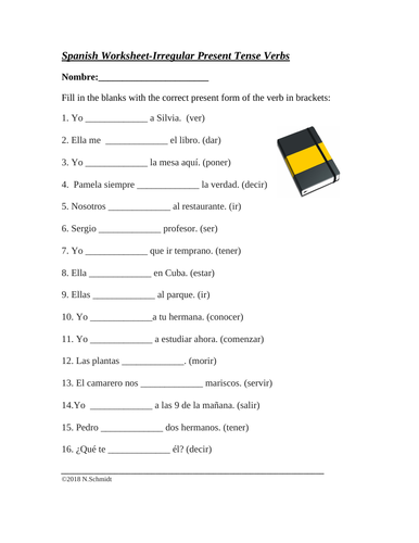 Spanish Present Tense Irregular Verbs Worksheet: El Presente (SUB PLAN)