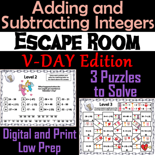 Adding and Subtracting Integers Game: Escape Room Valentine's Day Math Activity
